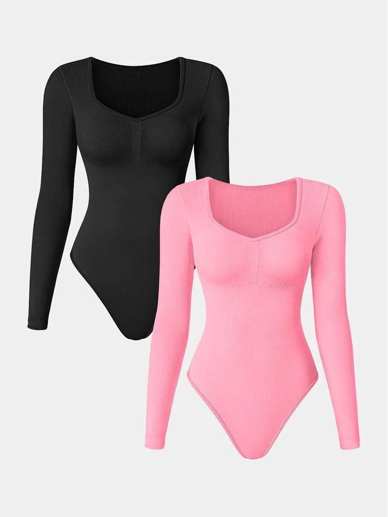 Seamless Knitted Ribbed Long Sleeve V-Neck Yoga Bodysuit Jumpsuit