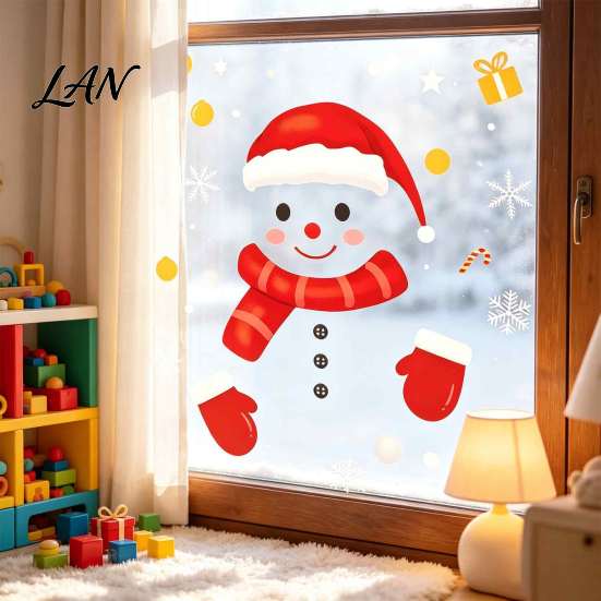 Indoor Outdoor Holiday Signage Christmas Static Window Clings, Smiling Snowman Decals with Snowflake Party Supplies Patterns, Waterproof PVC