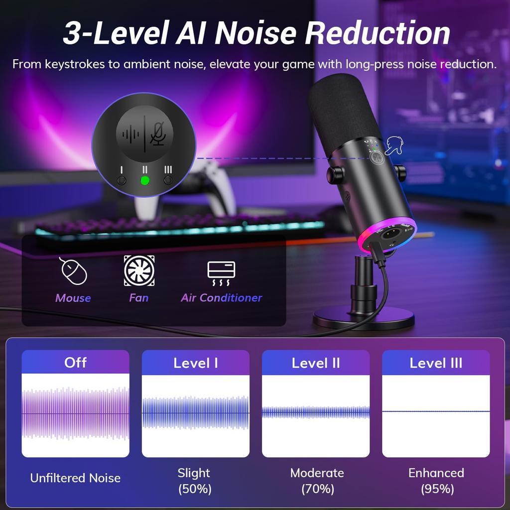 TONOR Dynamic TD510 AIR S USB/XLR Microphone, Unidirectional, PC/PS4/PS5 Compatible, RGB, Gaming/Streaming Use, Black,