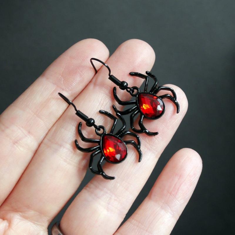 Black and Red Ruby Spider Earrings - Gothic Halloween Style