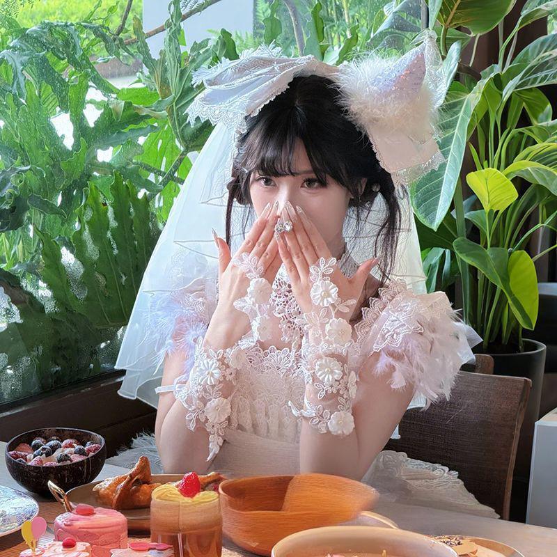 

Lolita gloves hand sleeves lolita flower lace mesh hook finger sleeves flower wedding princess cos photo білий