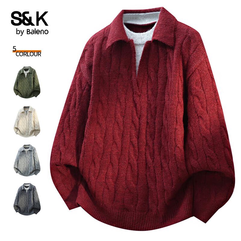 Baleno Men s S&K Series Loose Fit Cable Knit Turn-Down Collar Sweater M