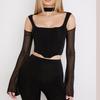 Europe and the United States Popular Women's Clothing Mesh Long-sleeved Fishbone Square Collar Perspective Backless Neck T-shirt, Top Women