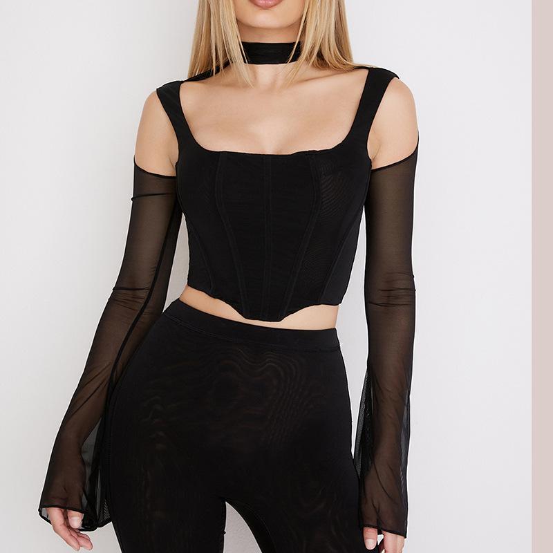 Europe and the United States Popular Women's Clothing Mesh Long-sleeved Fishbone Square Collar Perspective Backless Neck T-shirt, Top Women