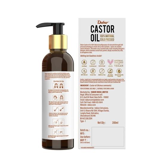 Dabur Rizinusöl – 200 ml | 100 % natürliches kaltgepresstes Öl | Fördert das Haarwachstum, spendet der Haut Feuchtigkeit und reduziert Fältchen | Ohne Mineralöl und Silikone