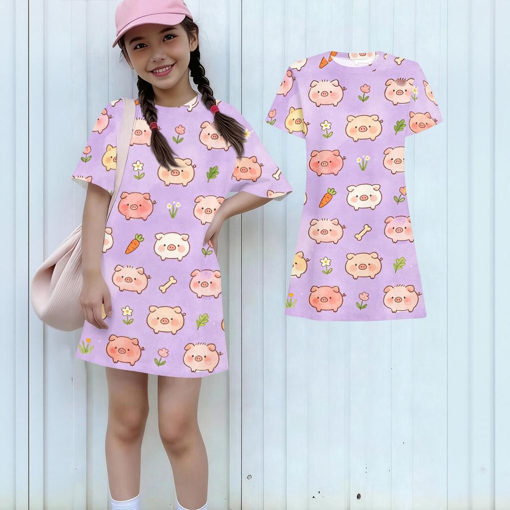 Girls Animal Print Dress Kids Loose Fit Short Sleeve Round Neck Lightweight Casual Dress for Children Summer Wear