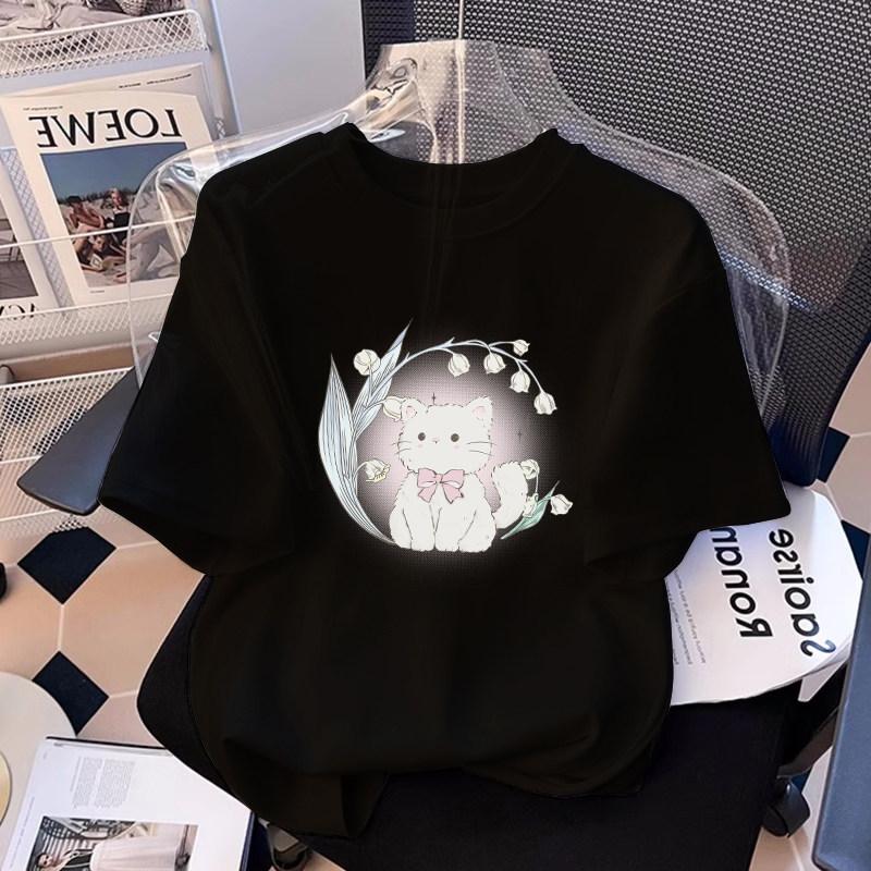 Cute Rabbit Smiling Face Printed White Pure Cotton Children's T-shirt New Popular Summer Loose Top Parent-child T-shirt