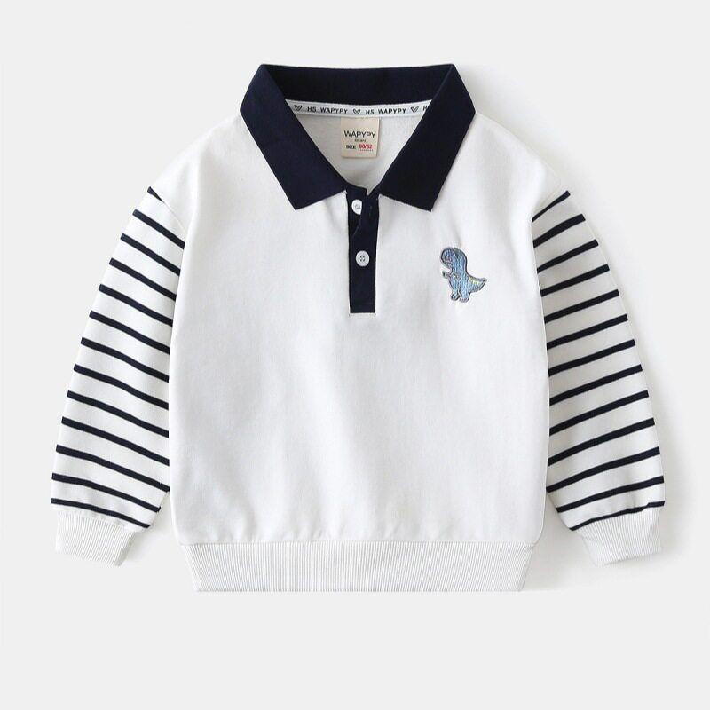 Spring and Autumn Children's Clothing Boys Long Sleeves Sweatshirt Kids Patchwork Sleeve Pullover Clothes Baby Dinosaur Embroidered Lapel Clothes