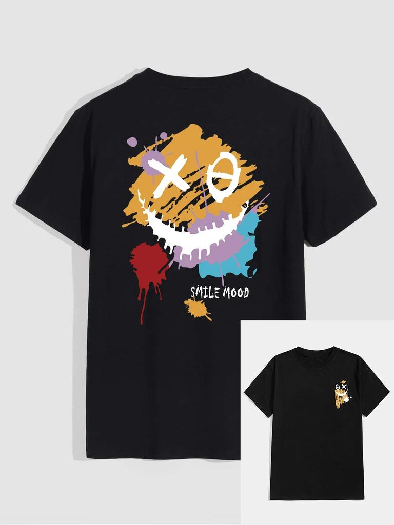 'Smile Mood' Print, Men's Casual Crew Neck Short-Sleeve  Fashion Summer T-Shirts Tops, Men's Outfits Tee,Regular Oversize Tees