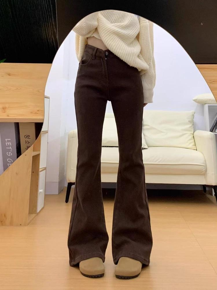 

Velvet Thickened Coffee Micro-Flare Plus Size Bell-Bottom Jeans for Women (Autumn/Winter 2025 Collection) 3XL