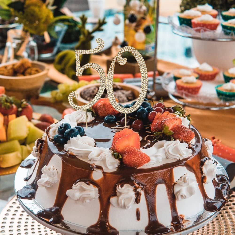 50th Rhinestones Cake Topper, Gold 50th Birthday Cake Decoration, Wedding Anniversary Party Decor Ideal Perfect Keepsake