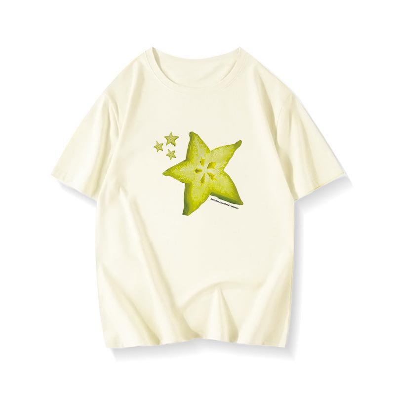 Ladies Summer Short Sleeve Round Collar Pullover Casual Starfruit Printed Teenager Oversize T Shirt Top