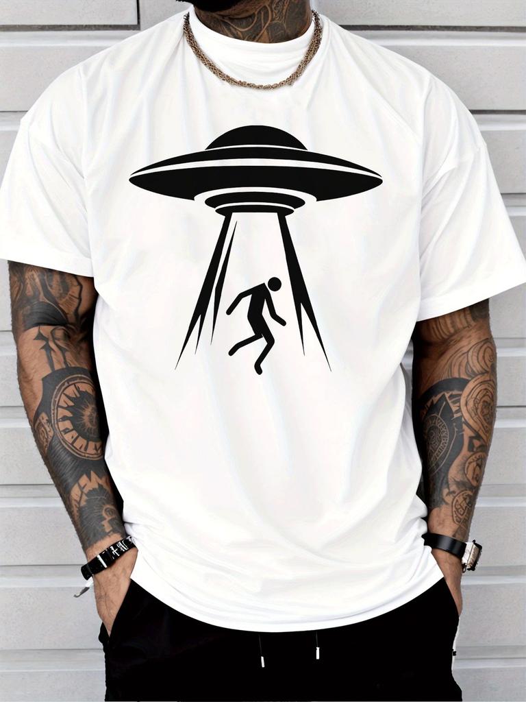 2026 New Unisex Royal Blue Crew Neck Tee White UFO Alien Abduction Silhouette Flying Saucer Space Sci Fi Graphic Casual Cotton Tops