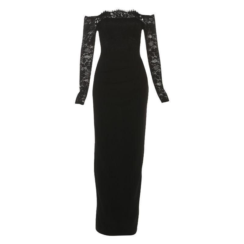 French Retro One-Shoulder Lace Long Sleeve Elegant Black Bodycon Dress XS