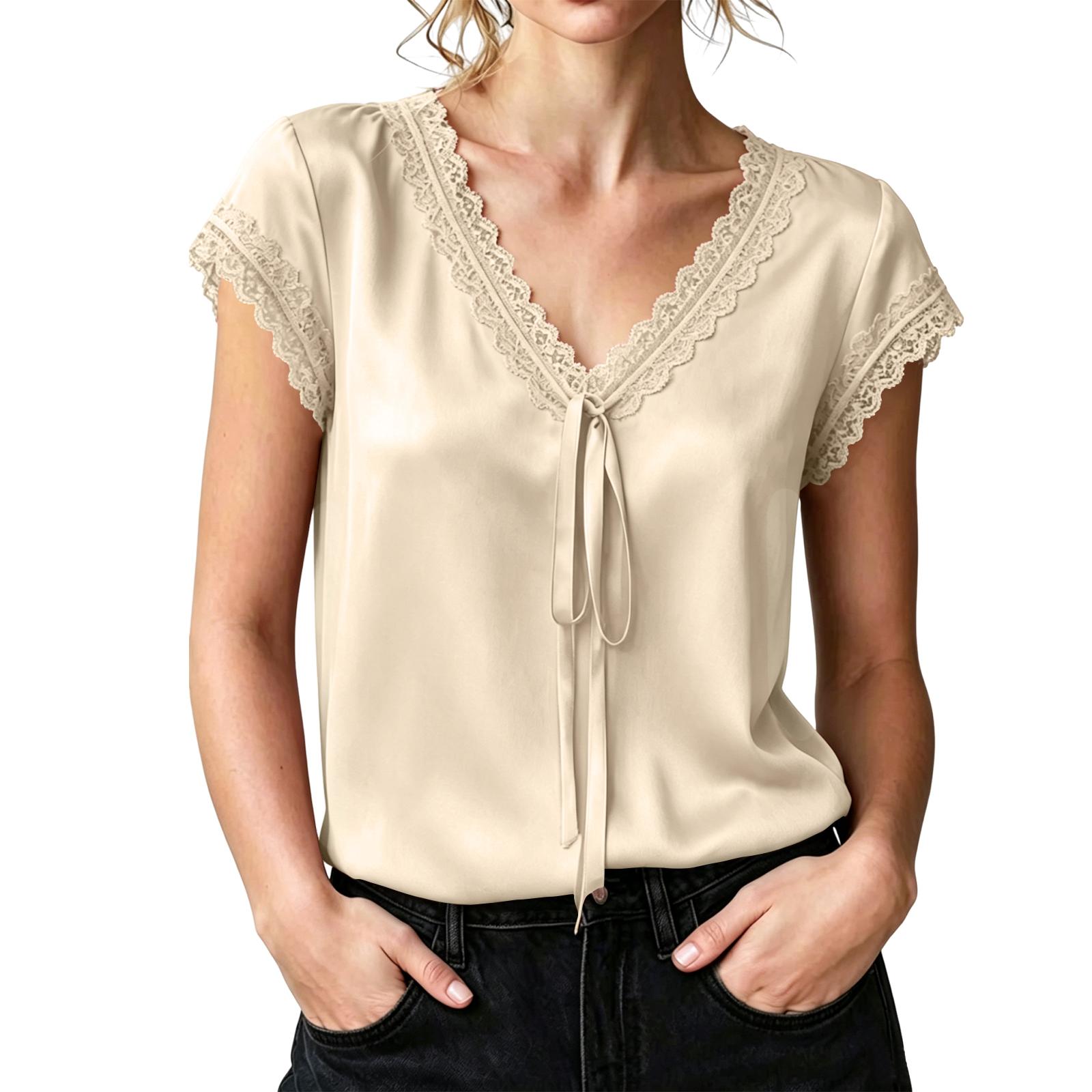 

Women Satin Lace Trim V Neck Short Sleeve Blouse with Tie Front Loose Fit Lightweight Soft Fabric Top Shirt L бежевый