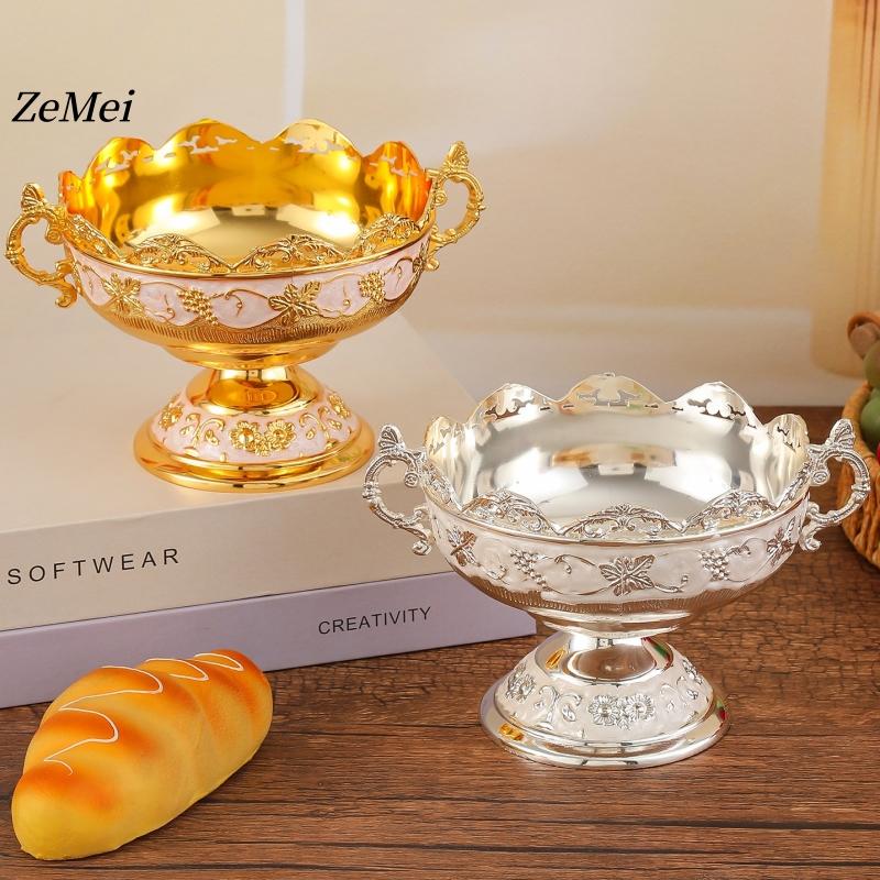 European-Style Patterned Fruit Plate,Portable Alloy Luxurious Bright Gold Tray,Home Living Room High-Foot Snack Plate Decoration