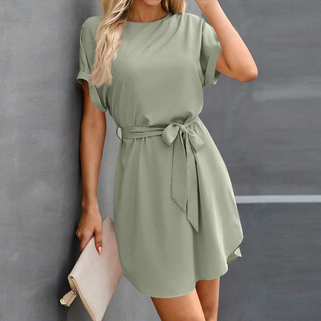 Womens Summer Short Dresses O Neck Casual Batwing-Short Sleeve Belted Dress For Women