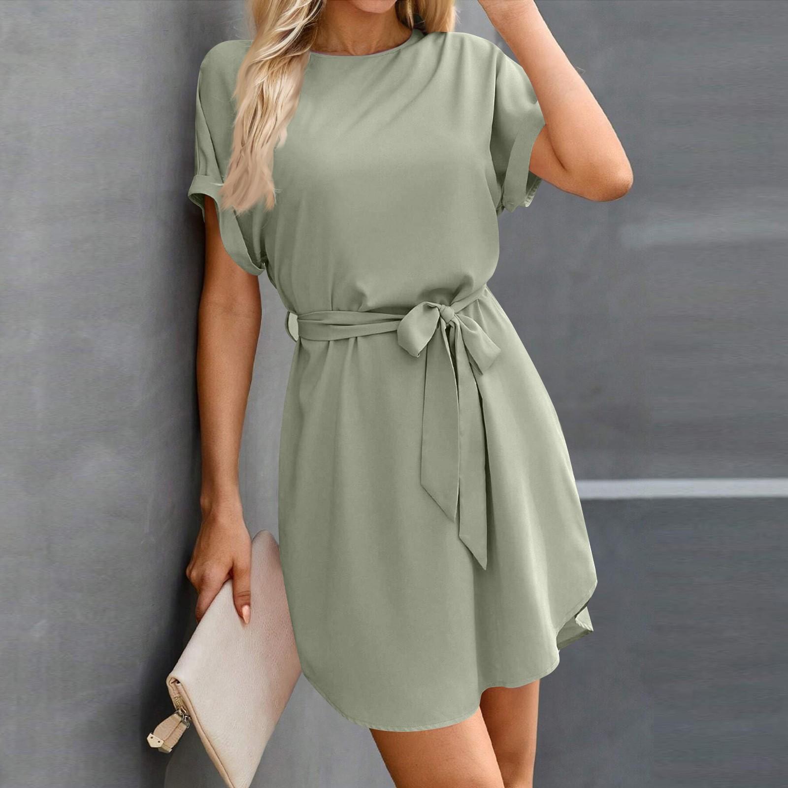 

Womens Summer Short Dresses O Neck Casual Batwing-Short Sleeve Belted Dress For Women XXL зелений