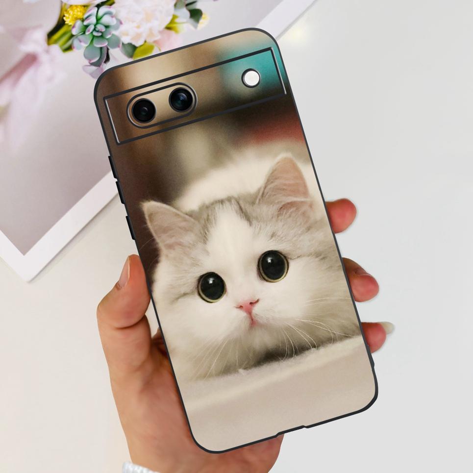 Black Matte Silicone Back Cover For Google Pixel 8A Painting Case Cartoon Lovely Cat Butterfly Flower Bumper Google 8A Soft Etui