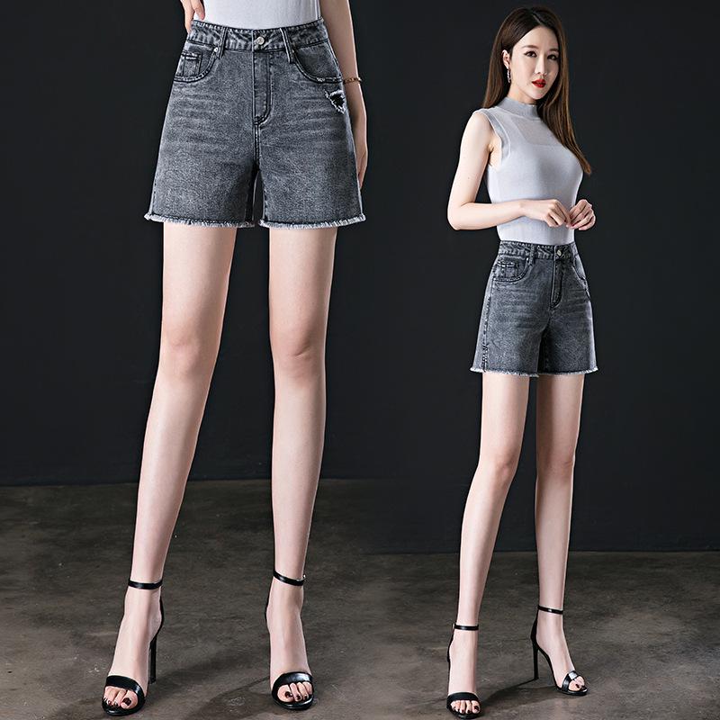 Women s High-Waisted Ripped Wide-Leg Denim Shorts - Smoky Gray 26