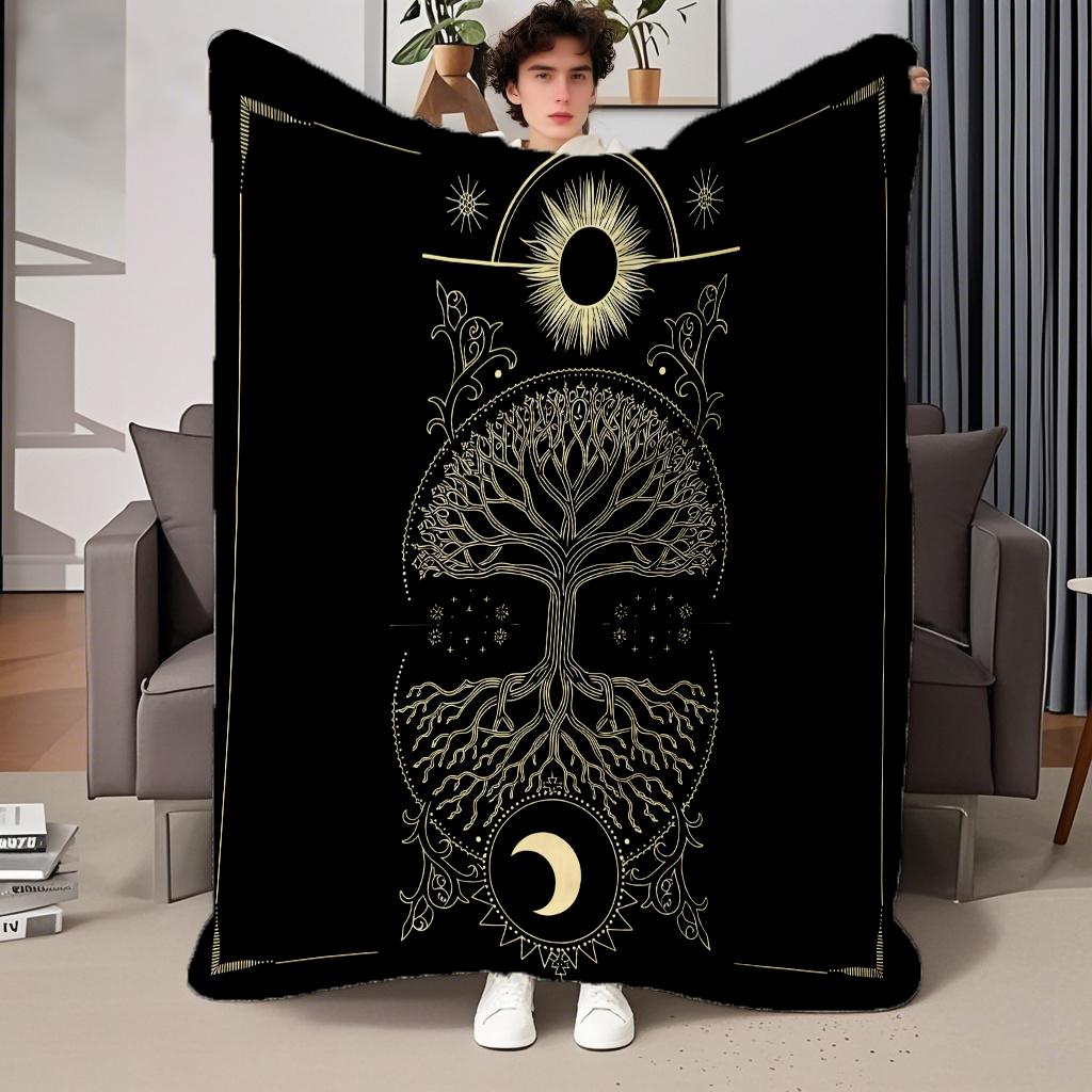 130cm×150cm Flannel Throw Blankets Boho Chic Golden Tree of Life Antique Blankets Lightweight Luxury Blanket,Couch Bed