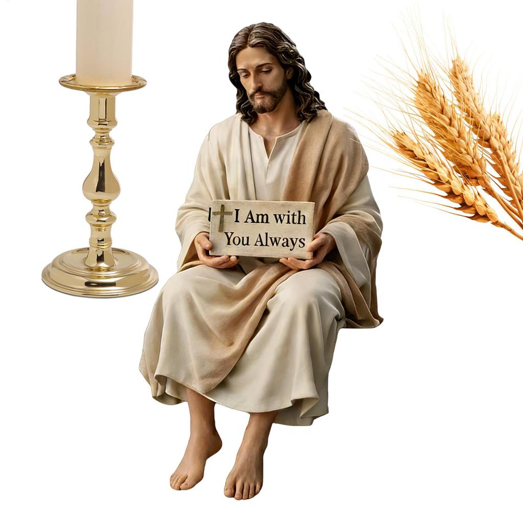 Unique Resin Material Jesus Resin Figurine Sitting Pose I Am with You Always Sign Jesus Christ Statue Desk Companion Home Decor
