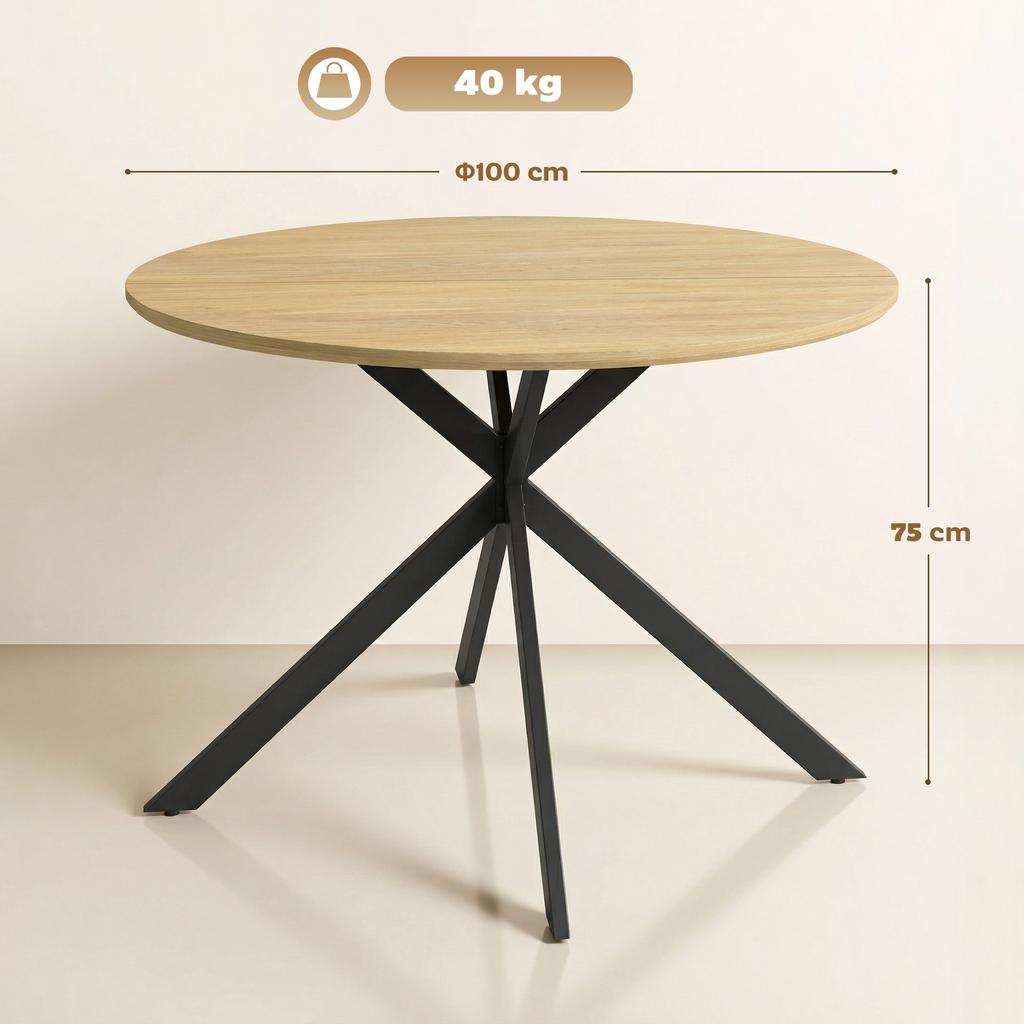 Round Dining Table for 4, 100 cm, Wood-Effect Top, Crossed Oak Steel Base