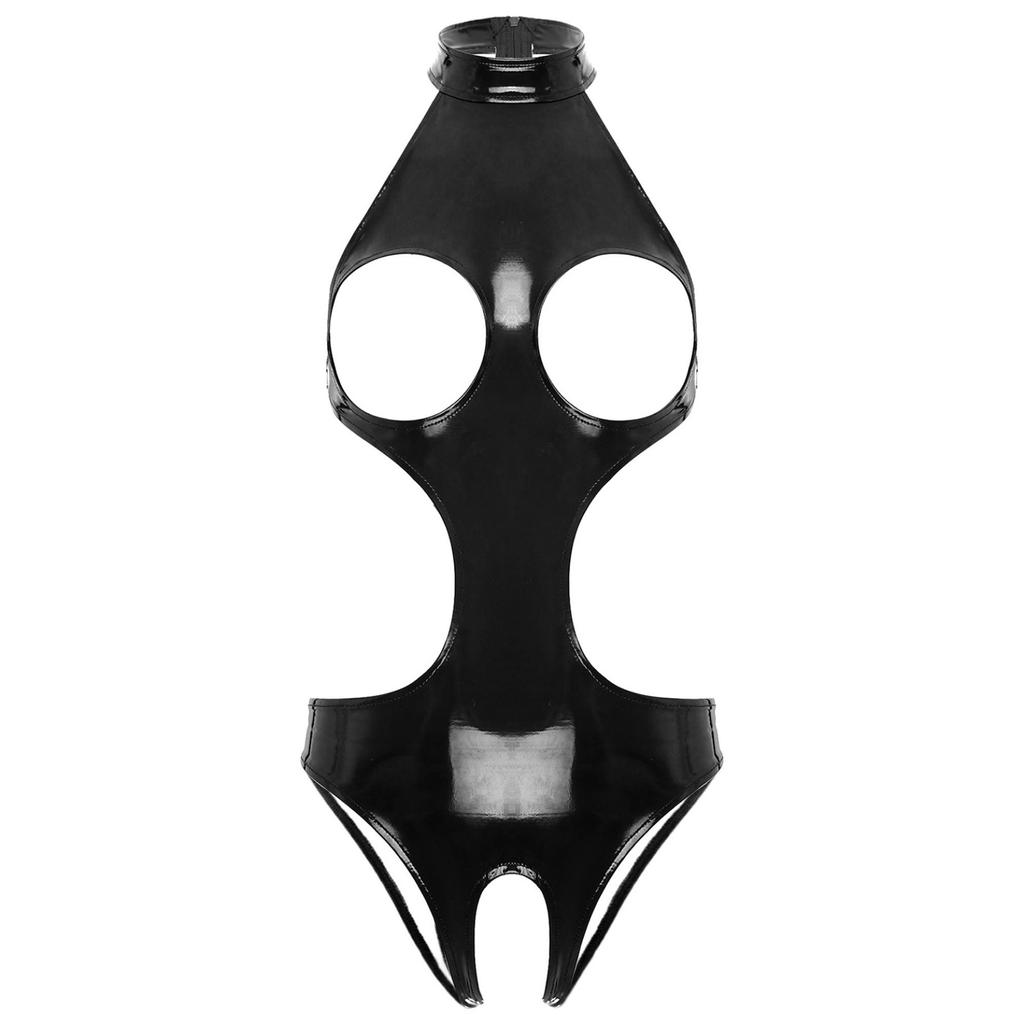 Women Sexy Lingerie Cutout Latex Open Cup Catsuit Nightclub Stage Pole Dancing Costume Bodycon Jumpsuit Performance