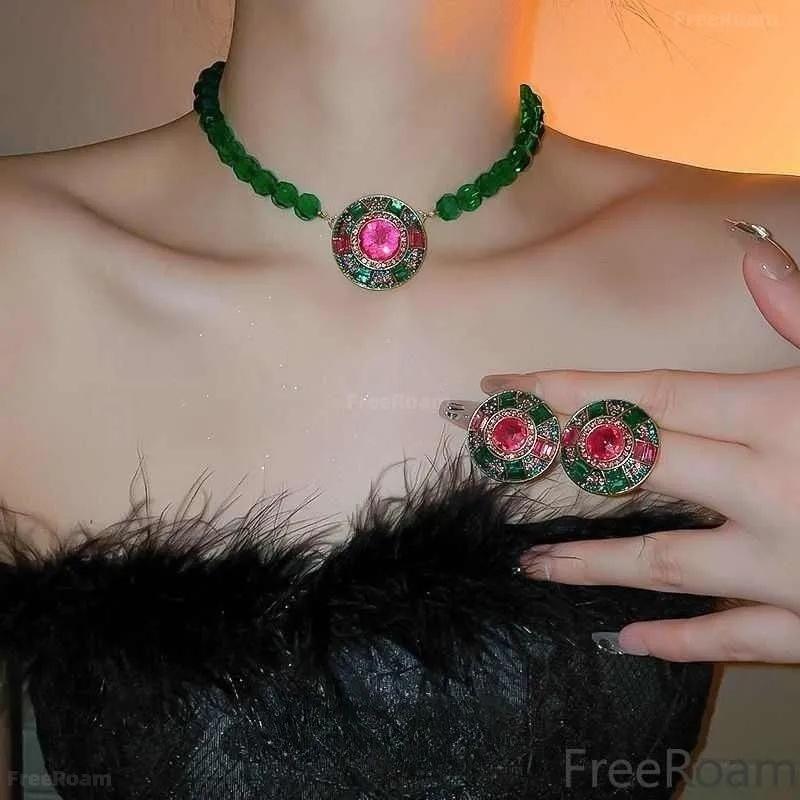 Diamond,encrusted Round Earrings And Necklace Set, Vintage Green Crystal Necklace One Size