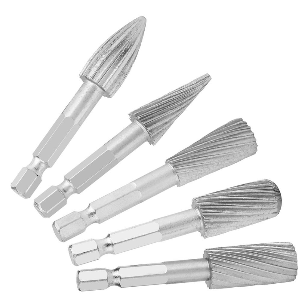 5Pcs 1/4inch Hex Shank High Speed Steel BurrsFile Tool Kit Rasp Die Grinder Bits Accessories Attachments, Carbide Burr Set for   Woodworking Carving