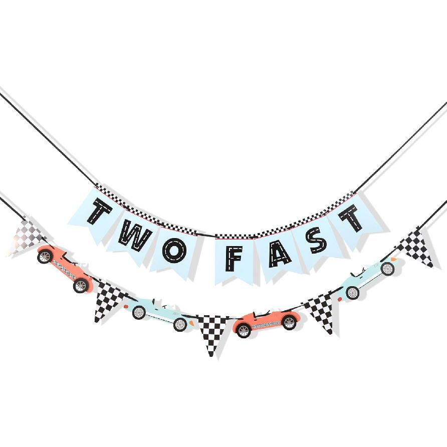Two Fast Banner - Two Fast Birthday Decorations,Racing Second Birthday Decorations,Race Car Party Flag Banner