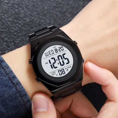 Zolohoni Men's Stainless Steel Digital Watch, Hexagonal Designer Watch with Alarm, Date Display, and Illumination, Waterproof, Black and White