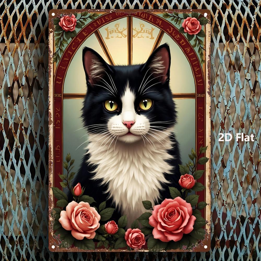Vintage Schwarze Katze Rose Metallschild 8x12 Zoll Rustikale Wandkunst für Zuhause Küche Bar Dekor