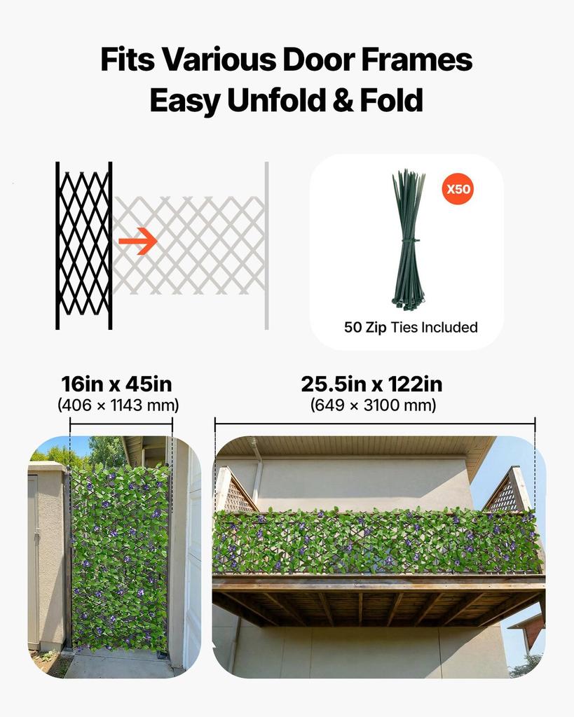 Expandable Fence Privacy Screen, 64.9 X 310 Cm Expand Artificial Plant Wall, Realistic Artificial Ivy Panel with 50 Zip Ties, Decorative Faux Greenery