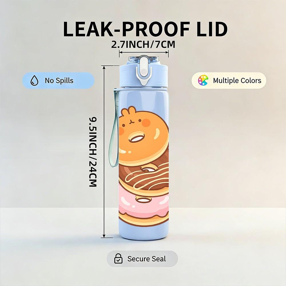 1PC Donut Cartoon Pattern 750ml Color Plastic Sports Water Bottle Leakproof Flip Straw Lid Suitable for Sports Office Home Use
