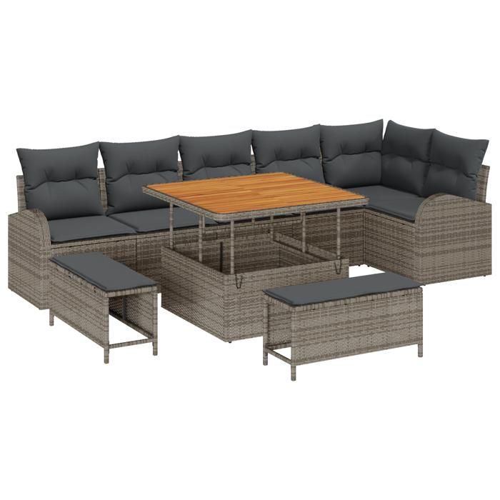 Ensemble de Canapé de Jardin de 9 Pièces avec Coussins Gris Rattan Poly Acacia 3362408