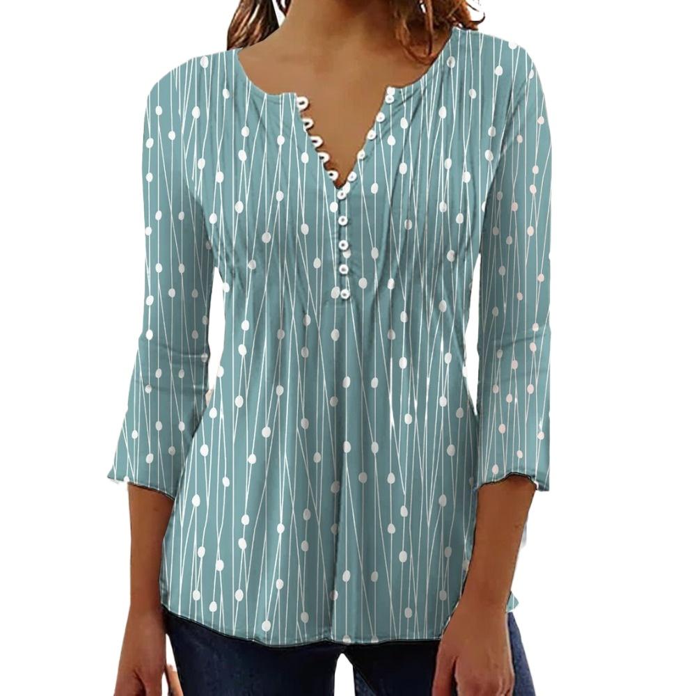 HNXC Women's Fashion Casual Summer Spring Polka Dot Print 3/4 Sleeve V-Neck Blouses & Shirts