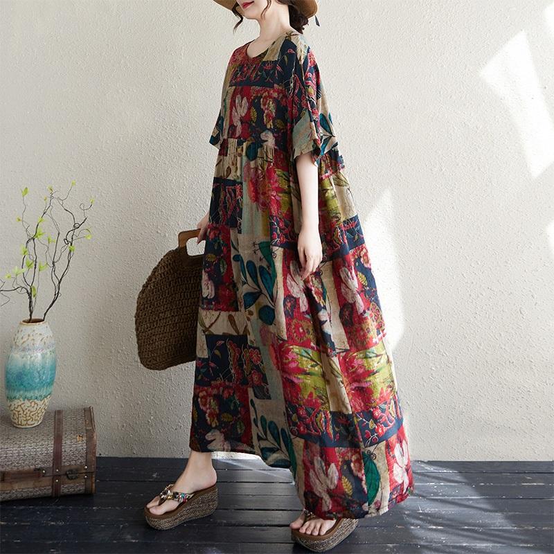 Kurzarm Plus Size Baumwolle Vintage Blumenmuster Neu in Kleidern für Damen lässig locker langes Sommerkleid