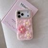 For iPhone 17 Pro Case Rhinestone Frame Plush Flower Pearl Heart TPU PC Phone Cover with Floral Strap