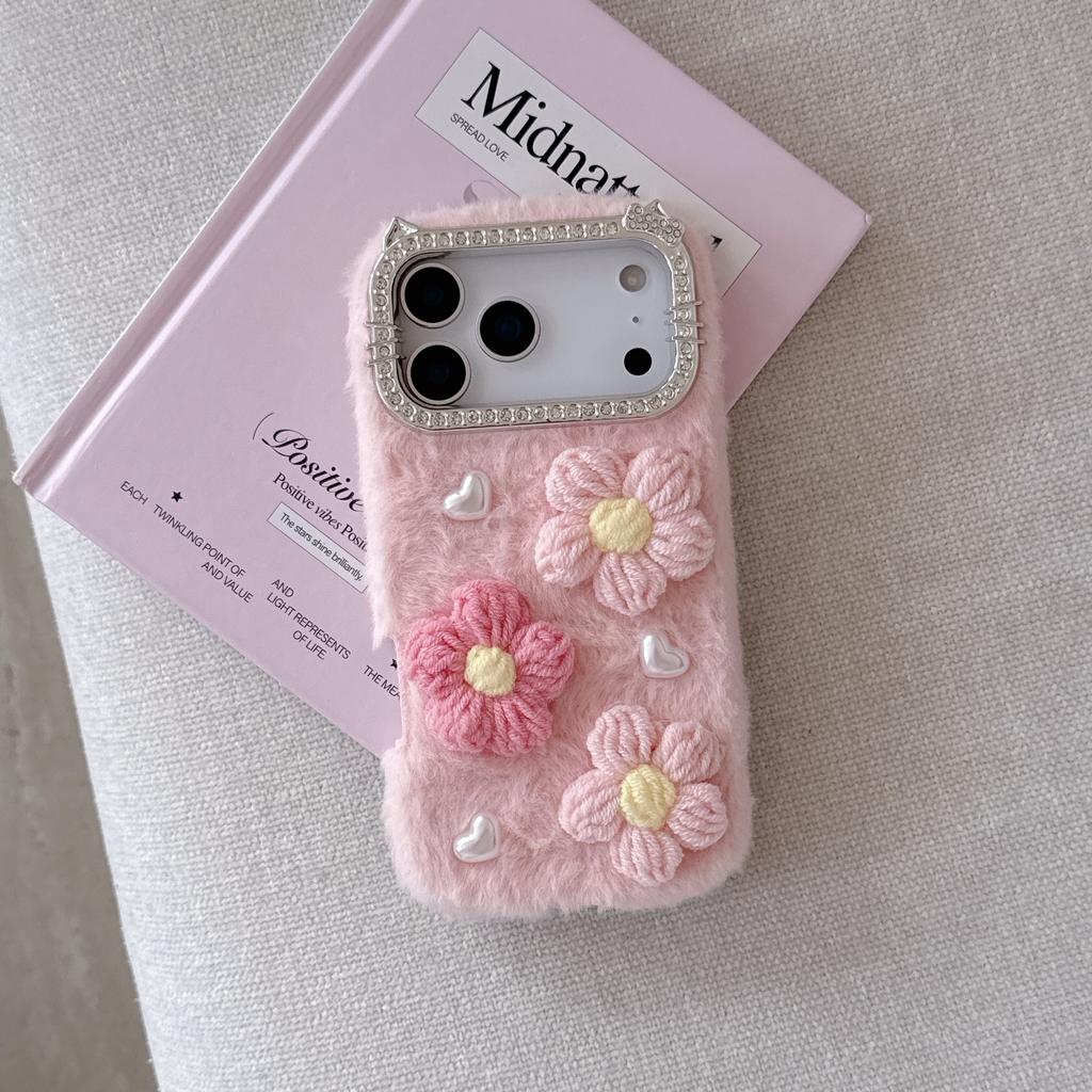 For iPhone 17 Pro Case Rhinestone Frame Plush Flower Pearl Heart TPU PC Phone Cover with Floral Strap