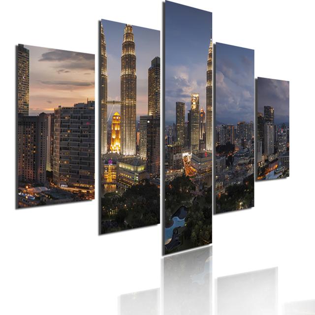 5 Pieces Modular Picture Bustling Cityscape Poster HD Printed Wall Art Modern Metropolis Skyscrapers Canvas Painting Home Decor