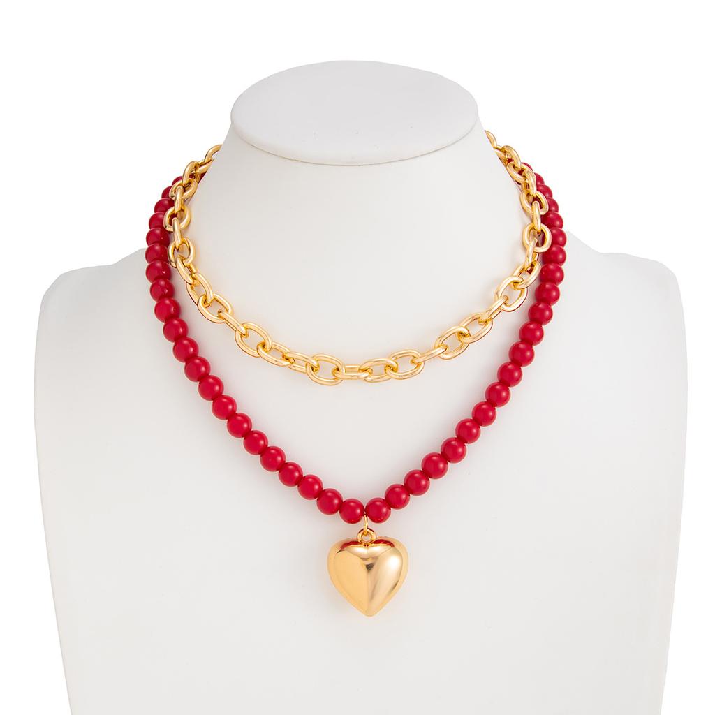 Goth Love Heart OT Buckle Pendant Choker Necklace for Women Vintage Red Plastic Beads Chain Daily Jewelry Gift