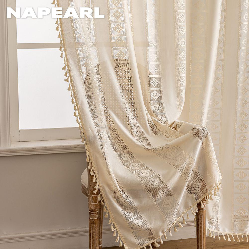 1PC NAPEARL Bohemian Style Jacquard Curtains Tassel Edge Rod Pocket Type Sheer Curtain for Living Room Bedroom Balcony Window Home Decor