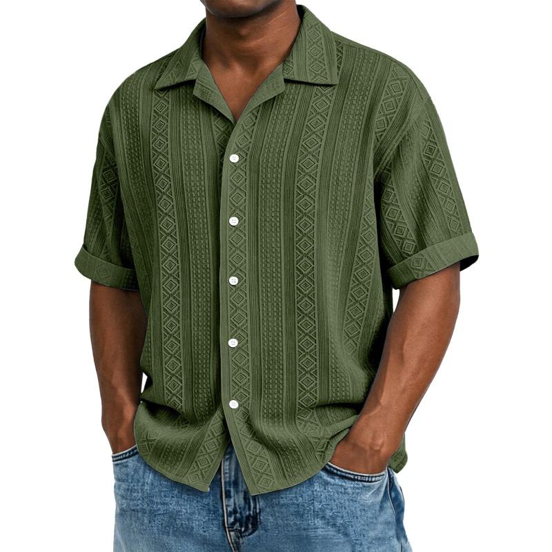 Mens Jacquard Short Sleeve Casual Loose Lapel Solid Vacation Beach Shirt