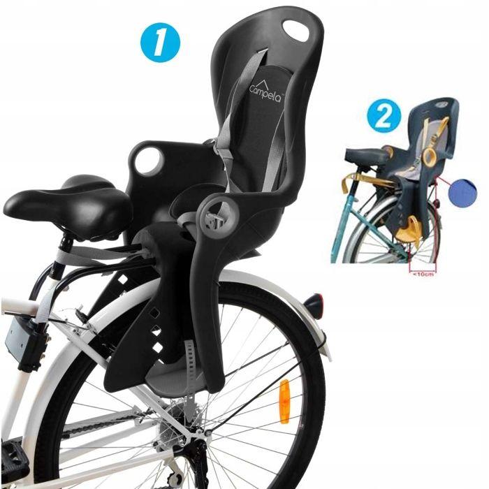 Siège vélo arrière enfant 22 kg, harnais 5 points, montage cadre ou porte-bagages - Campela (CA0060BLK)