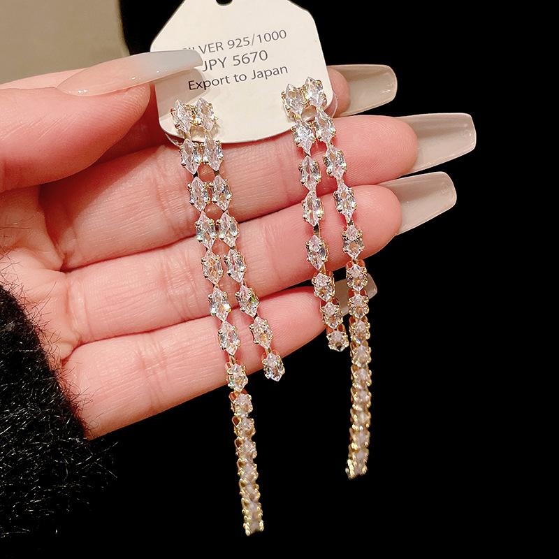 Silver needle zircon long fringed earrings European and American light luxury high-end stud earrings niche fashion versatile earrings women