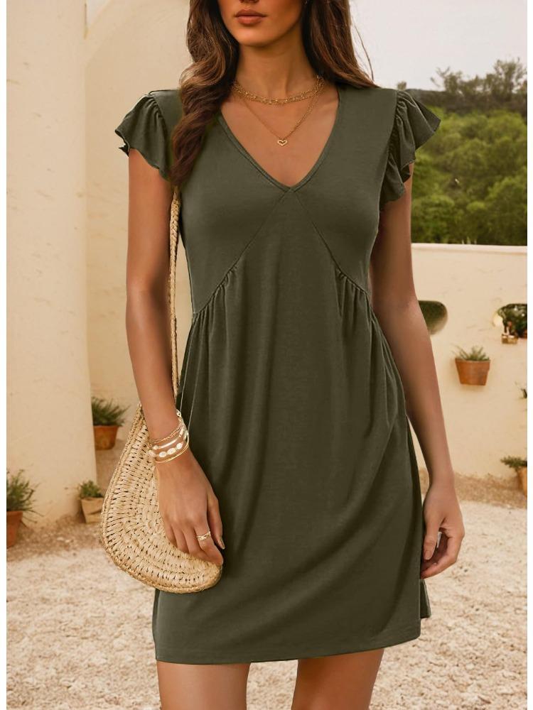 Women V Neck Cap Sleeve Shift Dress Solid Color Casual Loose Fit Summer Dress