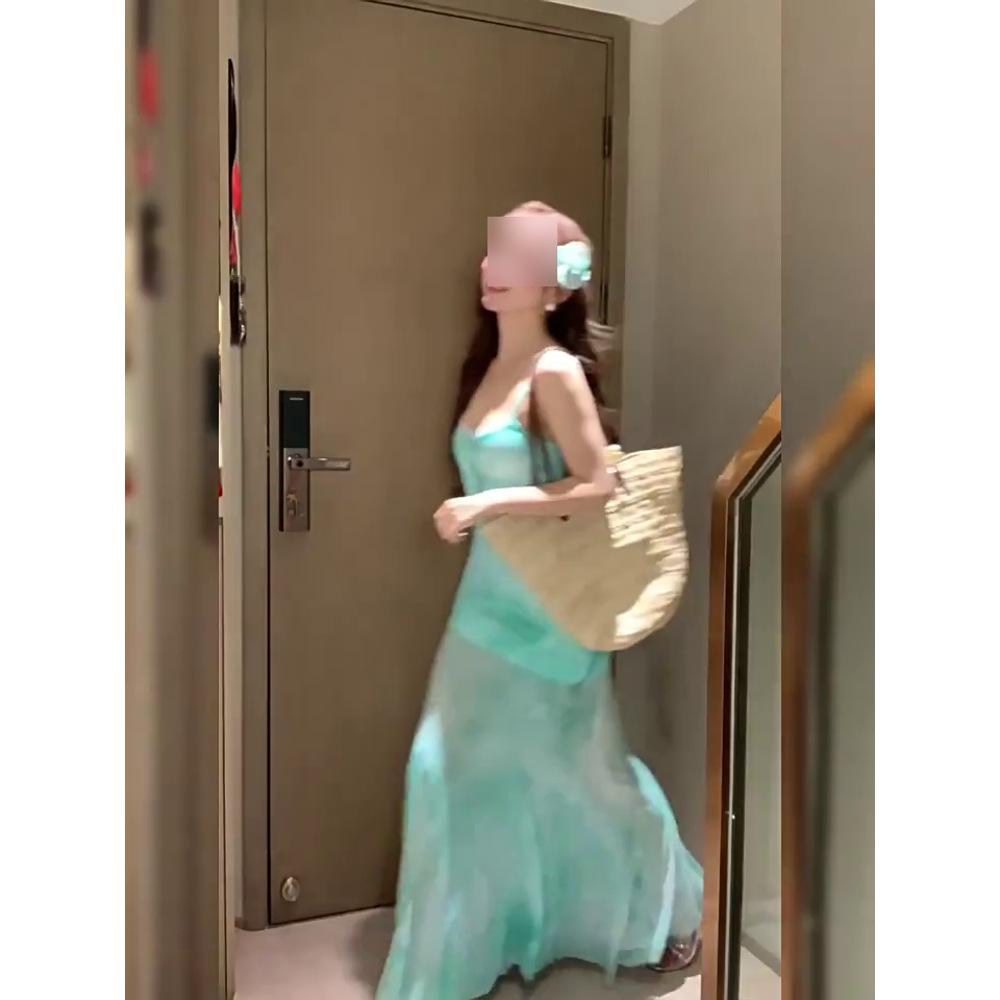 Lace suspender dress women's summer new seaside vacation skirt beautiful mesh fishtail skirt