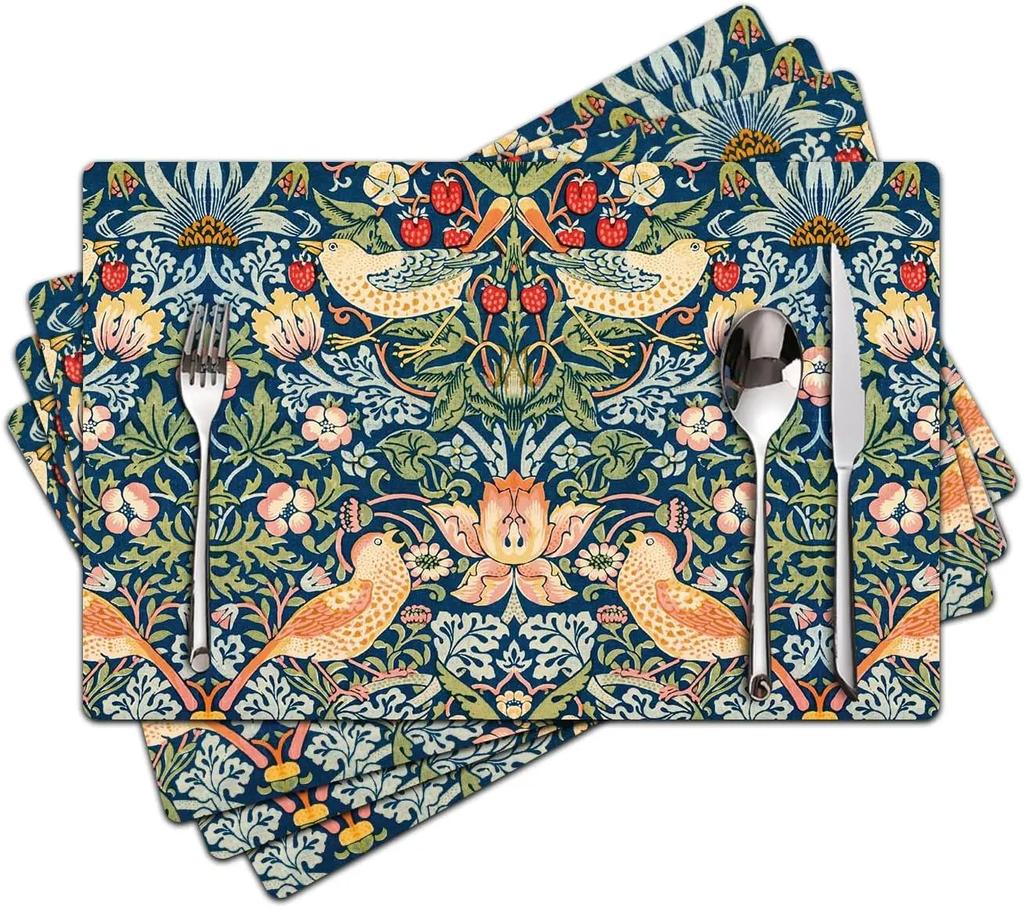 VIKAMA William Morris 'Strawberry Thief' Placemats Set of 4 Heat Resistant Washable Table Mats for Kitchen Dining Home Art Decor