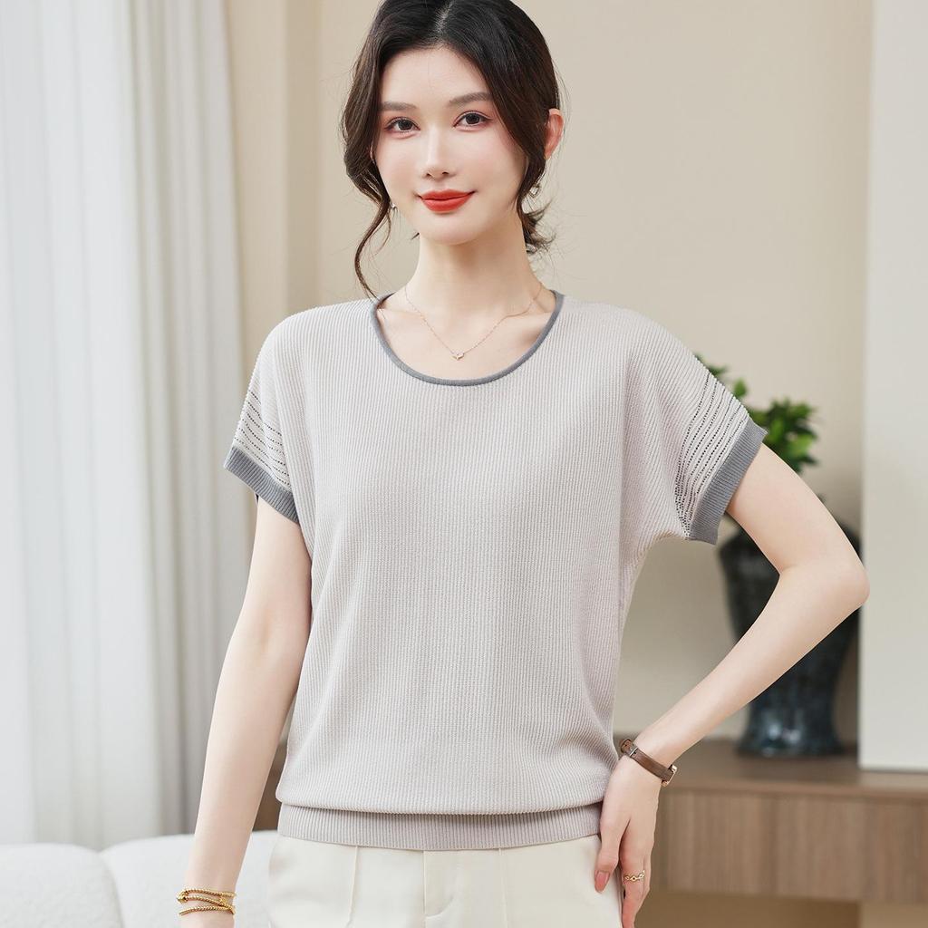 2026 Stylish Ice Silk T-Shirt for Middle-aged & Elderly Women - Elegant Round Neck, Short Sleeve Mother's Top